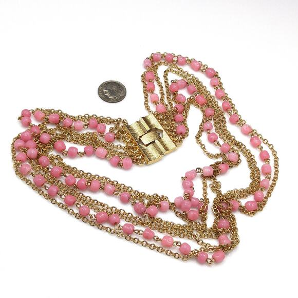 Vintage Pink Glass Multi Strand Necklace, Wide Gold Plated Clasp, 1950s - Picture 3 of 10